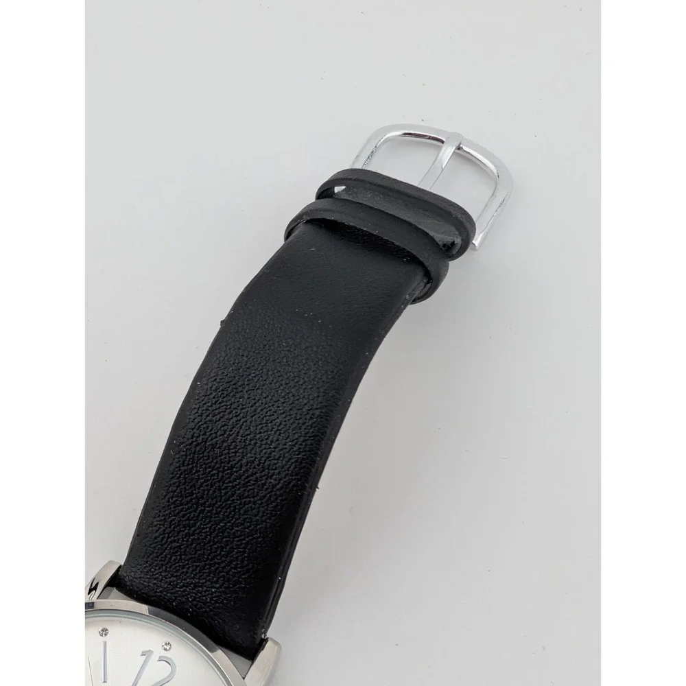 Accutime Watch Women 34mm Silver Case‎ Heart Charm Black Band- New Battery